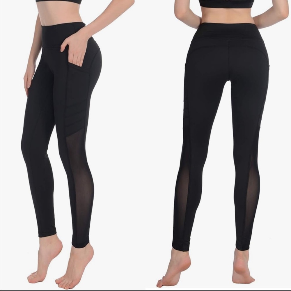 Sylonway black full length high rise dual pocket mesh panel leggings size XS